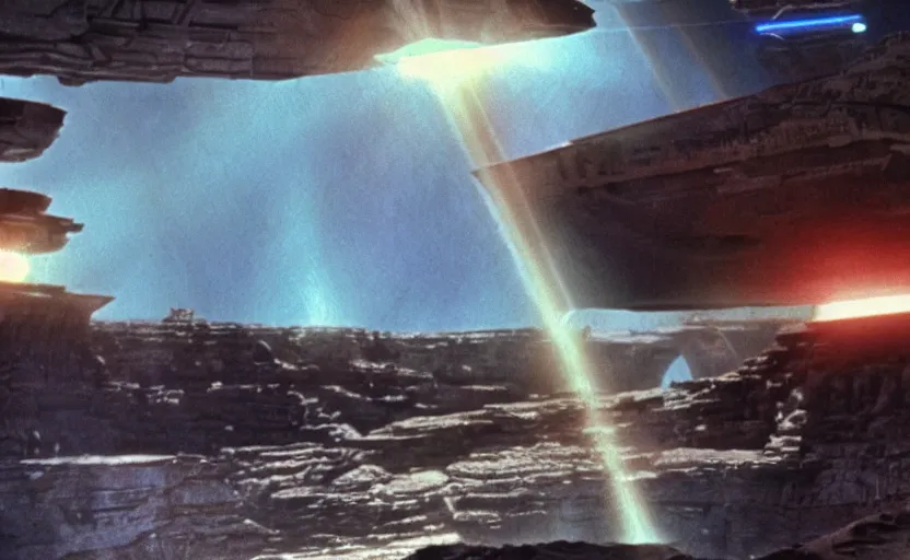 Image similar to iconic cinematic screen shot of star destroyer waterfall canyon planet, from the action packed scene from the 8 0 s star wars sci fi film by stanley kubrick, glowing lasers, kodak film stock, anamorphic lenses 2 4 mm, lens flare, award winning