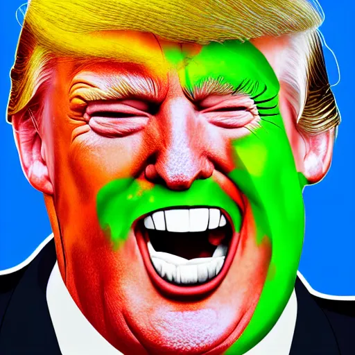 Prompt: president trump is a smiling laughing bright green lizard person, airbrush painting, hyper detailed, 8 k.