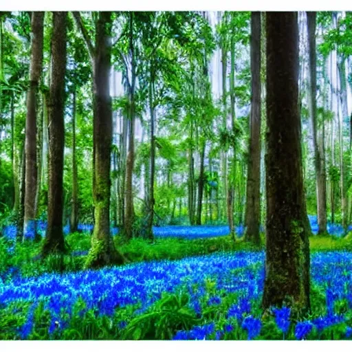 Image similar to an endless plain of blue flowers, a distant rainforest, gigantic trees in the style of avatar, h 7 0 4