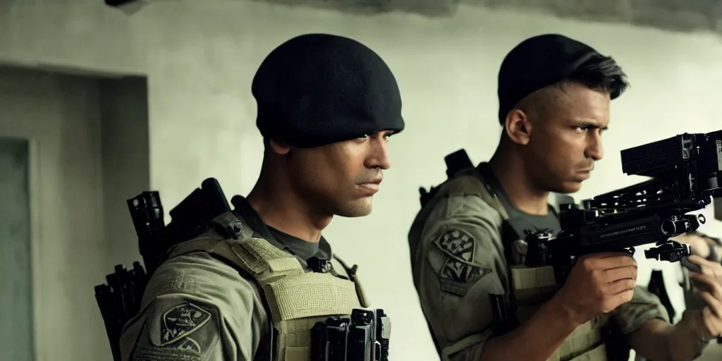 Prompt: vfx film, swat team squad crew, breach and clear, gang house, flat color profile low - key lighting award winning photography arri alexa cinematography, cinematic beautiful natural skin, famous face, atmospheric cool color - grade