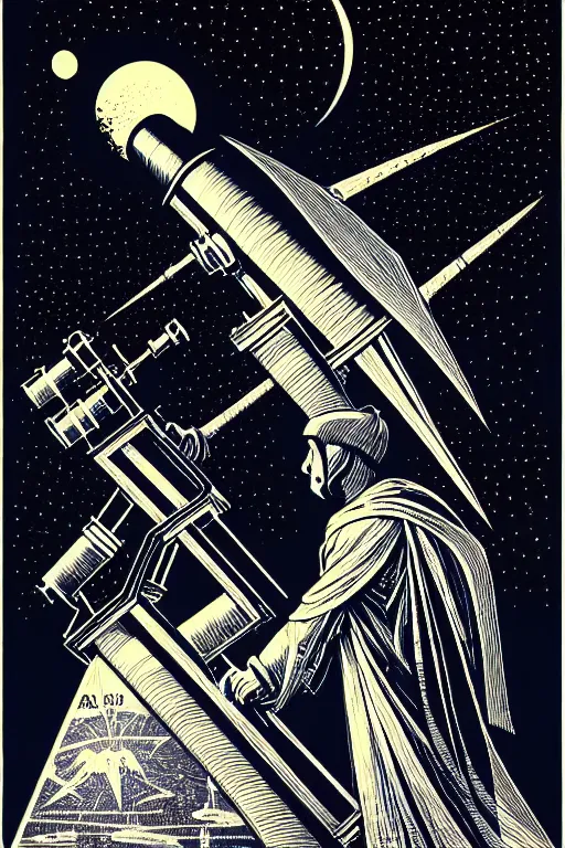 Image similar to cloaked wizard looking into a telescope, high details, intricately detailed, by vincent di fate, inking, 3 color screen print, masterpiece, trending on artstation,, sharp, details, hyper - detailed, hd, 4 k, 8 k