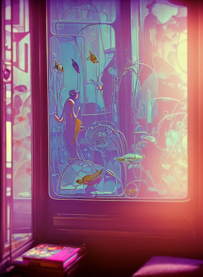 Prompt: telephoto 7 0 mm f / 2. 8 iso 2 0 0 photograph depicting the feeling of chrysalism in a cosy safe cluttered french sci - fi ( art nouveau ) cyberpunk apartment in a pastel dreamstate art cinema style. ( living room ) ( ( fish tank ) ), ambient light.