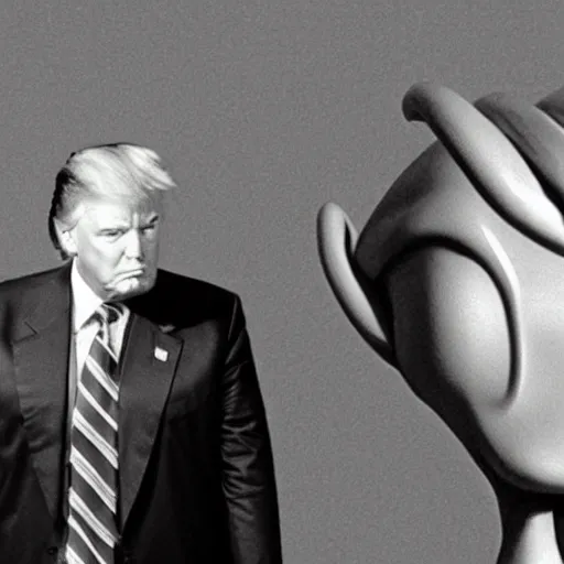 Prompt: A old and very blurry ominous screen footage of Donald Trump with an alien, blurry photo