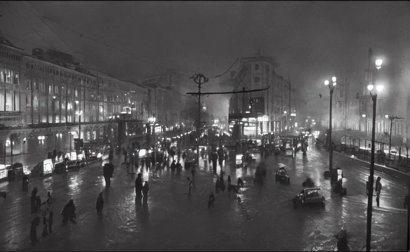 Image similar to 40s historic footage of a sovietic street with pedestrians, aerial view , Cinestill 800t 18mm, heavy grainy picture, very detailed, high quality, 4k panoramic, billboards and streetlight at night, rain, mud, foggy