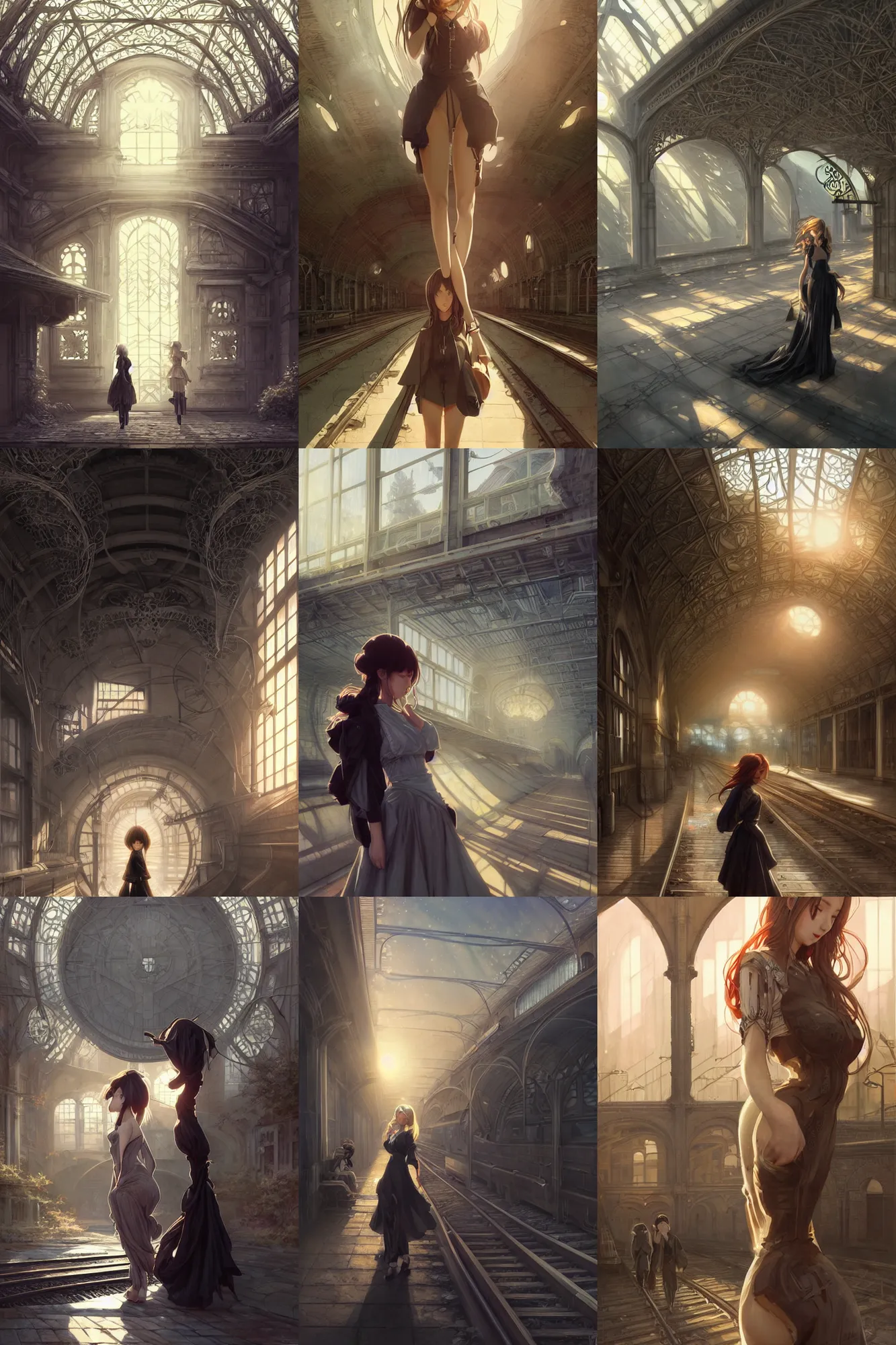 Prompt: ultra realistic beautiful old run down train station techno art, beautiful alluring anime woman, sci - fi, fantasy, intricate, elegant, highly detailed, digital painting, artstation, concept art, smooth, sharp focus, dapped light, glorious sun rays and shadows, illustration, art by artgerm and krenz cushart and greg rutkowski