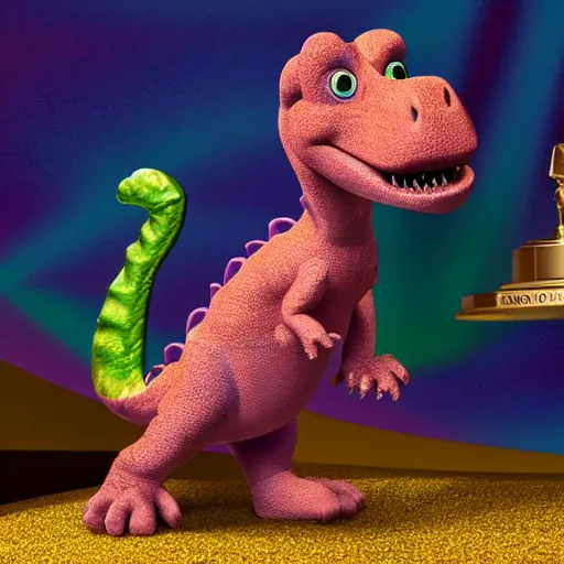 Prompt: barney the dinosaur winning a nobel prize, 8 k render, award - winning photograph