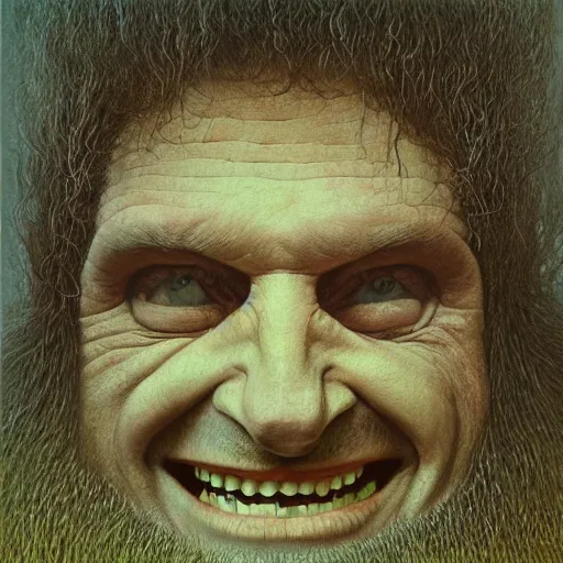 Image similar to album art portrait of aphex twin grinning, painted by zdzislaw beksinski