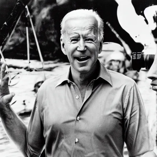 Prompt: film still, close up, joe biden rising out of water like in apocalypse now, 2 6 mm,