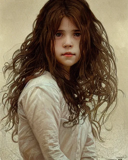 Image similar to portrait of 1 5 - year - old girl, little smile with large front teeth, hermione, very bushy brown hair, and very bright brown eyes, wearing white shirt, hyper realistic face, beautiful eyes, close up, fantasy art, in the style of greg rutkowski, intricate, alphonse mucha, hyper detailed, smooth