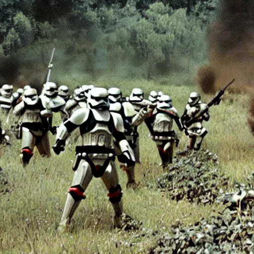 Image similar to star wars clone troopers combat soldiers in vietnam, photo, old picture, lush landscape, jungle, firearms, explosions, helicopters, aerial combat, active battle zone, flamethrower, air support, jedi, land mines, gunfire, violent, star destroyers, star wars lasers, sci - fi, jetpacks, agent orange, bomber planes, smoke, trench warfare