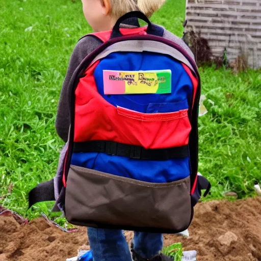 Prompt: a backpack filled with dirt and worms