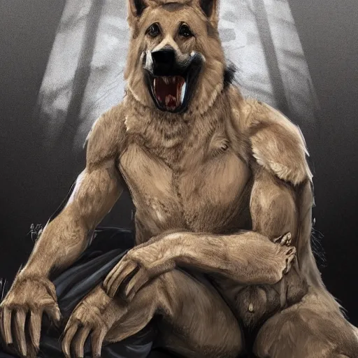 Image similar to a wounded humanoid german shepherd beast - man in military style, sitting on the carpeted floor beside a bed, highly detailed portrait, digital painting, artstation, concept art, smooth, sharp foccus ilustration, artstation