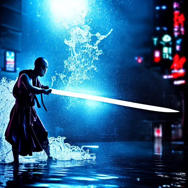 Image similar to cyber monk water dance slashing sword water, detailed bushido form water, fighting stance energy, shibuya prefecture, cinematic neon uplighting, fog mist smoke, photorealistic, night photography by tomino - sama