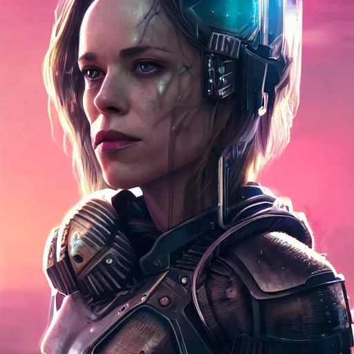 Image similar to rachel mcadams portrait, dystopia core, apocalyptic, armor, warrior, dramatic, sharp focus, fiction, neon, fantasy, hyper detailed, digital art, trending in artstation, cinematic lighting, studio quality, smooth render, unreal engine 5 rendered, octane rendered, art style and nixeu and wlop and krenz cushart