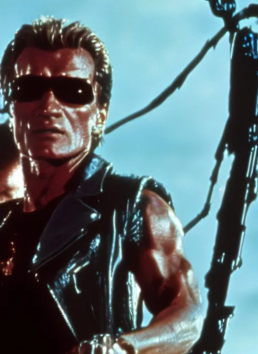 Image similar to film still of Patrick Swayze as The Terminator in Terminator, 4k