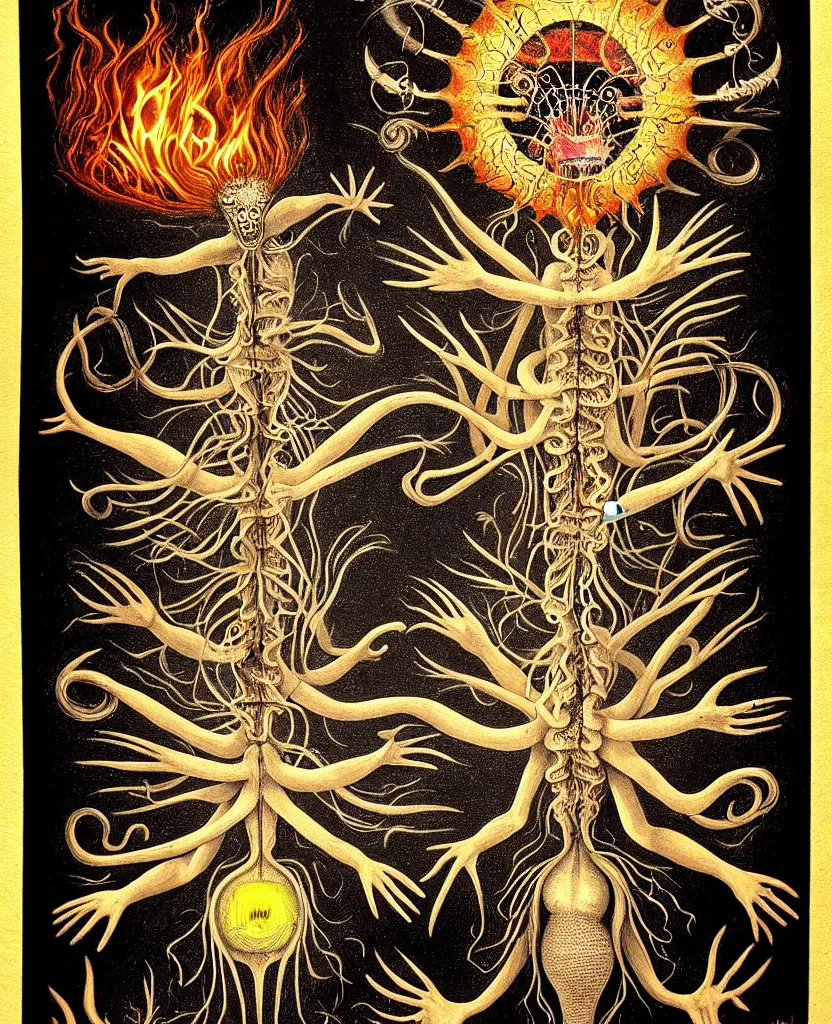 Image similar to whimsical freaky creature sings a unique canto about'as above so below'being ignited by the spirit of haeckel and robert fludd, breakthrough is iminent, glory be to the magic within, painted by ronny khalil