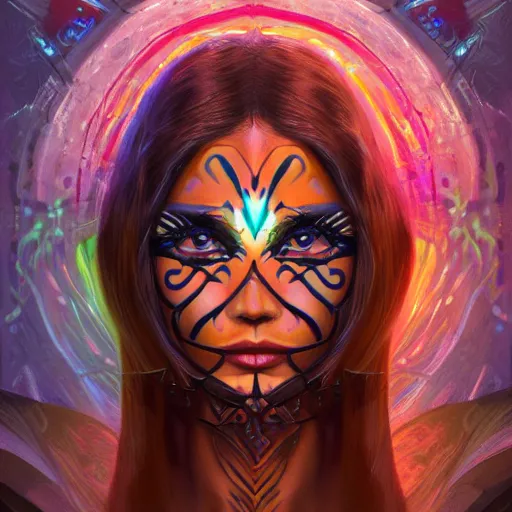 Image similar to portrait of a beautiful goddess hot future metaverse Ayahuasca tech shaman warrior, 2D cartoon, visionary art, symmetric, Magick symbols, holy halo, shipibo patterns, sci-fi, concept art, trending on art station, 8k digital art, by Mandy Jurgens, fantasy portrait art, anime, 8k resolution