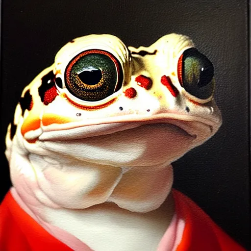 Image similar to a head and shoulders portrait painting of an anthropomorphic!!!!!!!!!! amazon milk frog!!!!!!!!!! wearing a colonial!!!!!!!!!! outfit without a hat looking off camera, a character portrait, romanticism, oil on canvas, visible brushstrokes, intense colors