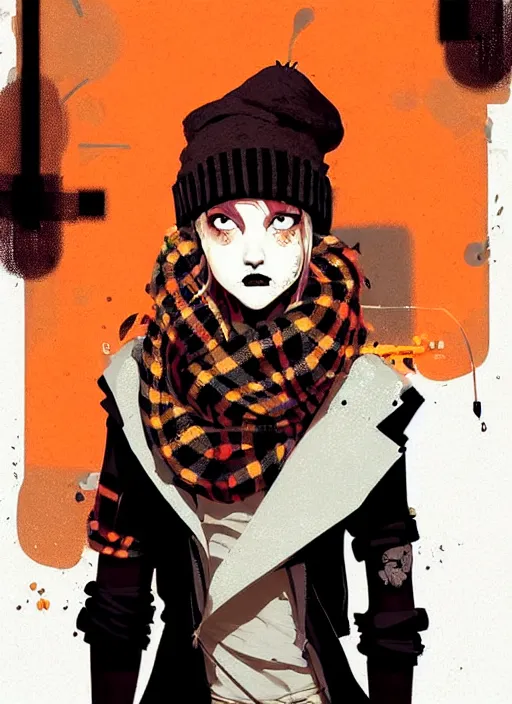 Prompt: highly detailed portrait of a sewer punk lady student, beanie, tartan scarf, curly blonde hair by atey ghailan, by greg rutkowski, by greg tocchini, by james gilleard, by joe fenton, by kaethe butcher, gradient, orange, black, brown and cream color scheme, grunge aesthetic!!! white graffiti tag wall background