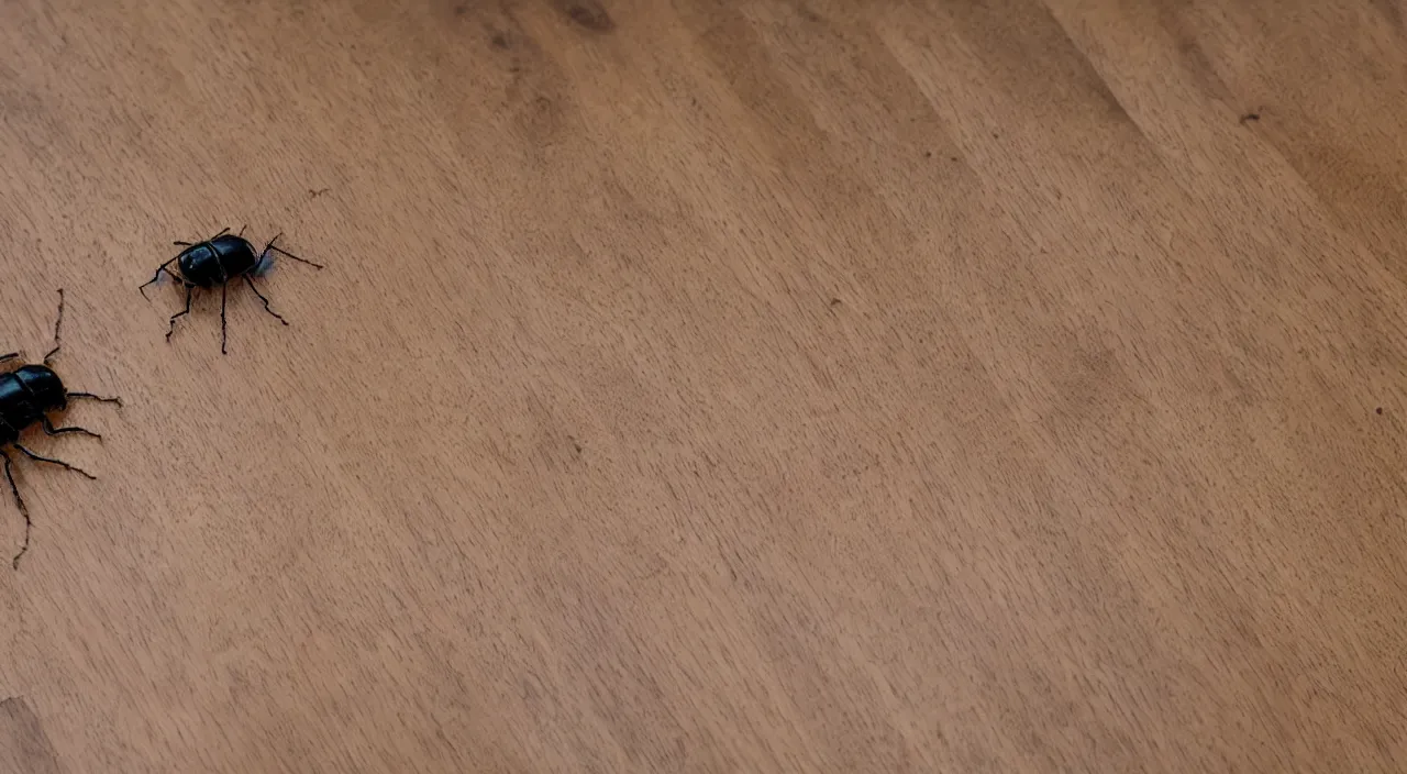 Prompt: insects and tiny beetles trapped in the hardwood floor 5 5 mm photography footage