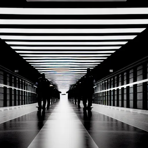 Image similar to Black military quadcopters, in the wide hallways in a futuristic prison underground, brutalist liminal architecture, sigma 85mm f/1.4, 4k, depth of field, high resolution, 4k, 8k, hd, full color