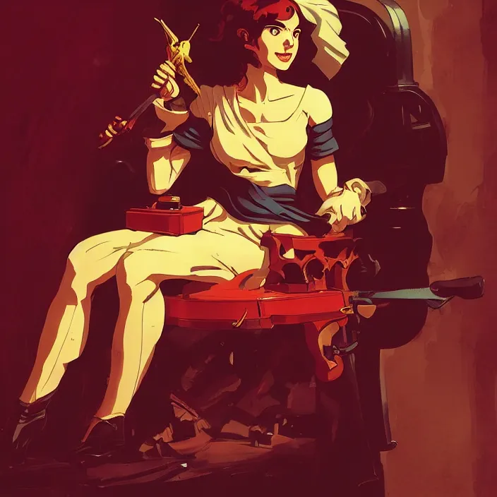 Prompt: french revolutionary sitting on a bloody throne, in the style of artgerm and atey ghailan and mike mignola, vibrant colors and hard shadows and strong rim light, plain background, comic cover art, trending on artstation