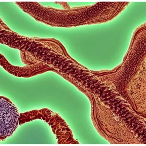 Prompt: Micrograph showing the glomerulus and surrounding structures, highly detailed, hd