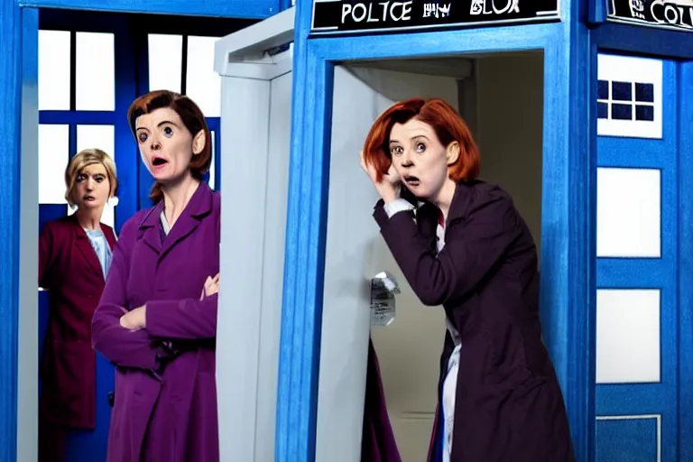 Image similar to doctor who, woman as a mad dentist in the tardis