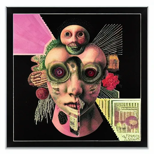 Image similar to post - punk new age album cover, asymmetrical design, frame of a dollar bank notes, capitalism, magic, apocalypse, psychedelic, black white pink, magic, giger h. r., giuseppe arcimboldo