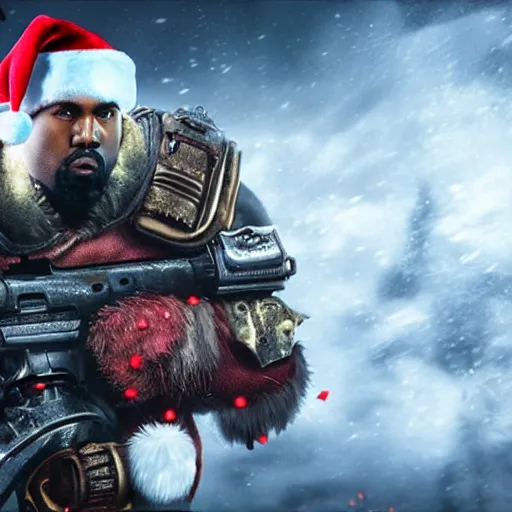 Image similar to Kanye West as santaclaus in 'Gears of War', splash art, movie still, cinematic lighting, detailed face, dramatic, octane render, long lens, shallow depth of field, bokeh, anamorphic lens flare, 8k, hyper detailed, 35mm film grain