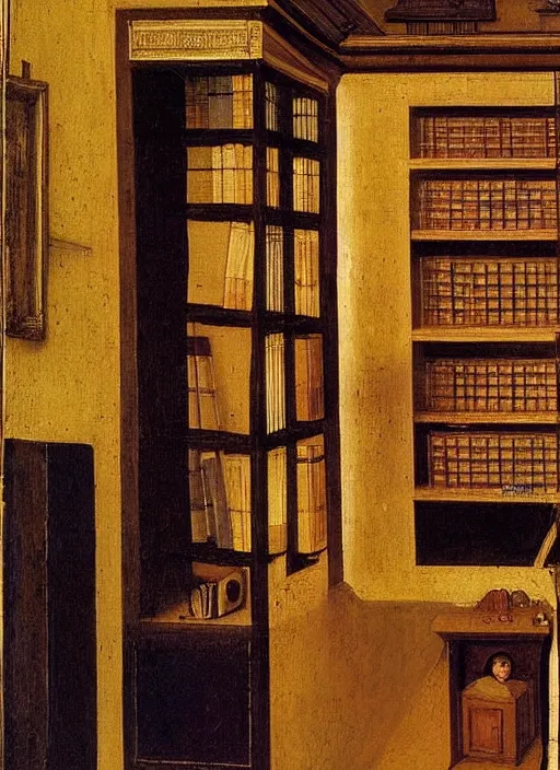 Image similar to bookshelf with books, medieval painting by jan van eyck, johannes vermeer, florence