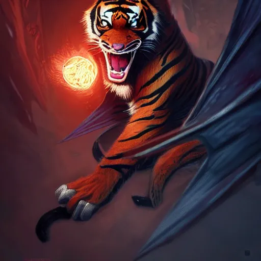 Image similar to bat/tiger, Angry, manic, magic the gathering artwork, horror, D&D, fantasy, cinematic lighting, centered, symmetrical, highly detailed, digital painting, artstation, concept art, smooth, sharp focus, illustration, volumetric lighting, epic Composition, 8k, art by Akihiko Yoshida and Greg Rutkowski and Craig Mullins, oil painting, cgsociety