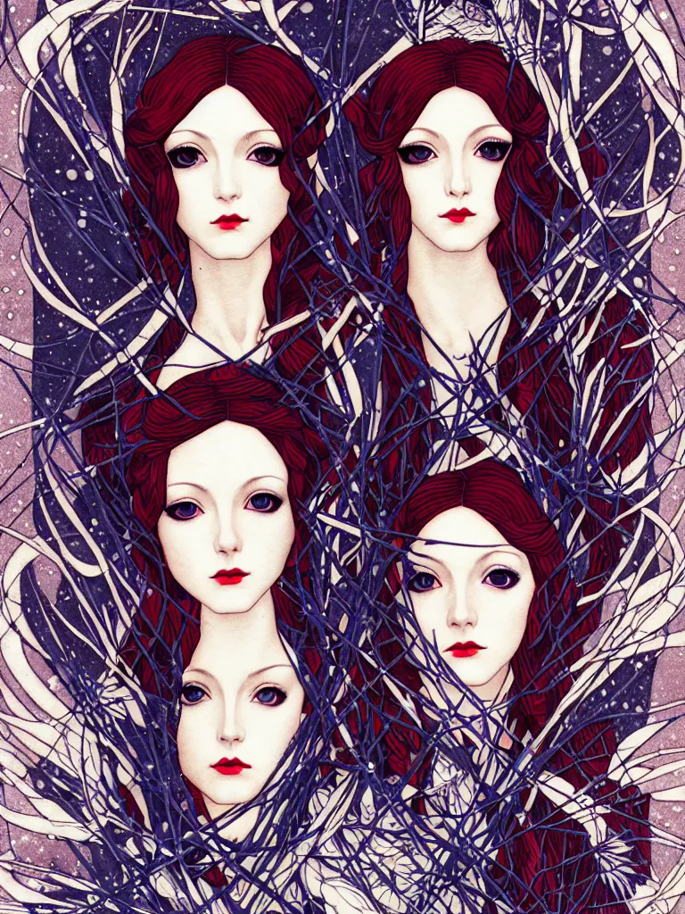 Image similar to triad of winter muses as december, january, and february, style mix of æon flux, shepard fairey, botticelli, ivan bilibin, john singer sargent, pre - raphaelite, shoujo manga, harajuku fashion, dormant nature, snow, ice, stark colors, superfine inking, ethereal, 4 k photorealistic, arnold render