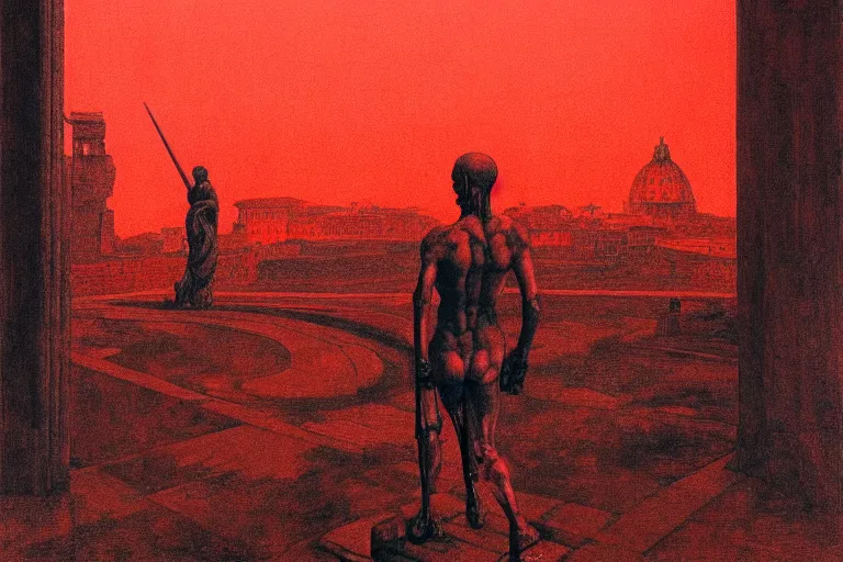 Image similar to only with red, caesar after war, a red tiger, in hoc signo vinces, rome in background, an ancient path, in the style of beksinski, part by hopper, part by rodcenko, part by hofbauer, intricate composition, red by caravaggio, insanely quality, highly detailed, masterpiece, red light, artstation