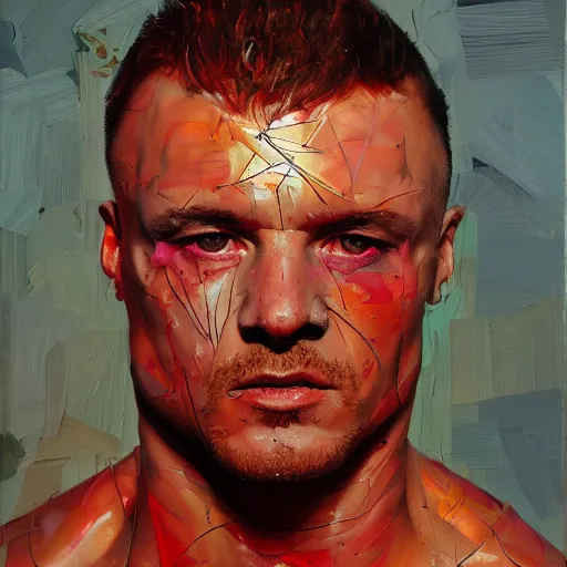 Prompt: Portrait of Mariusz Pudzianowski in the style of Disco Elysium, painting by Jenny Saville and Pavlo Guba, strong red hue