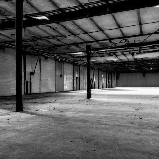Image similar to an empty warehouse at night, eerie atmosphere, white hue