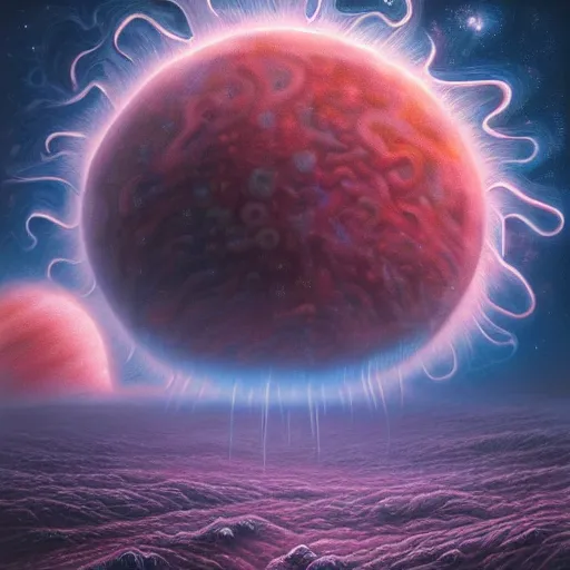 Prompt: A beautiful hyper realistic detailed painting of a cybernetic symbiosis of two gigantic quantum computers in the middle and molecule voxels of Glaucus Atlanticus iridescent metal scaffolds in orbit above the swirling billowing layered clouds of jupiter by Beksinski and beeple, deep black outer space,unreal engine,octane render, nasa images,diamond ,bismuth, zirconium,krypton,ruby, gallium,vanadium,platinum,amber,tungsten,crystals,iridescent bubble texture