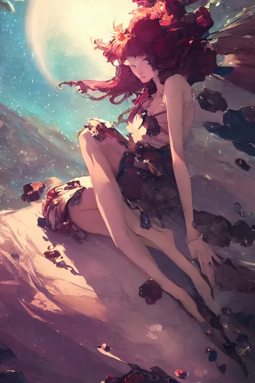 Image similar to A beautiful whimsical woman basking in the moonlight on a bed of crystals below planets, cinematic lighting, dramatic atmosphere, by Dustin Nguyen, Akihiko Yoshida, Greg Tocchini, Greg Rutkowski, Cliff Chiang, 4k resolution, trending on artstation