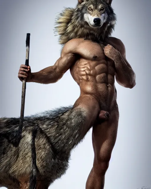 Prompt: a man wolf centaur, has the head of a timber wolf, torso of a man, and body of a wolf, standing on four legs, covered in fur, highly realistic, Rick Baker style, photoreal, studio lighting