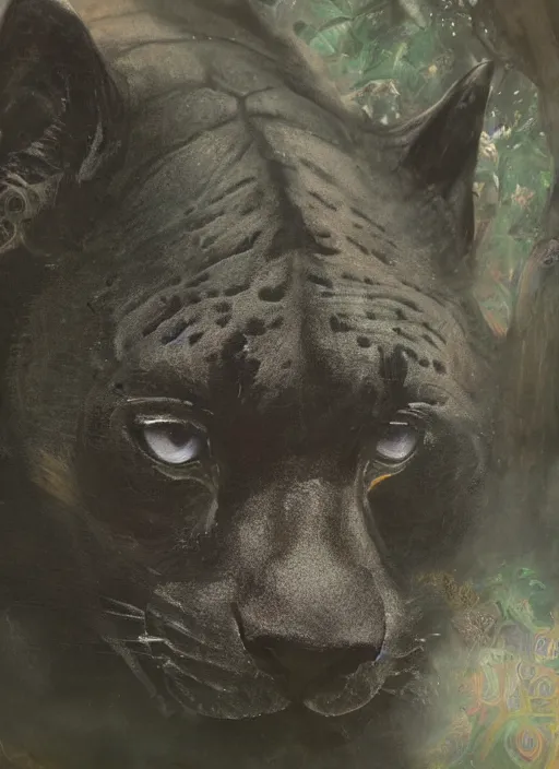 Image similar to a beautiful matte painting portrait of a black jaguar, close up, ayahuasca