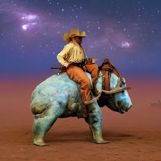 Image similar to A cowboy riding a tardigrade