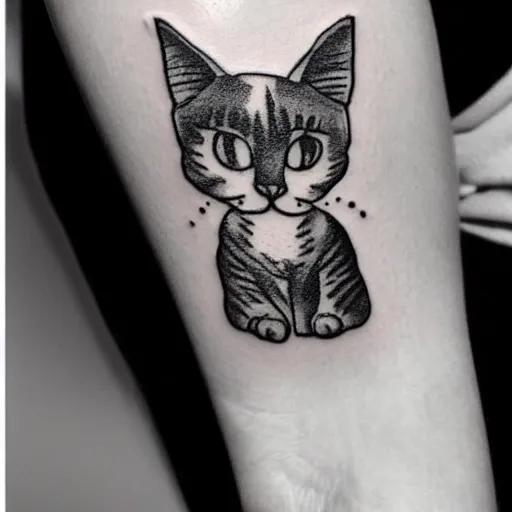 Image similar to stick and poke tattoo of a cat, black and white tattoo, linework