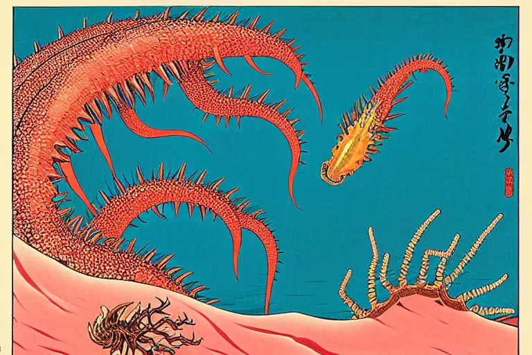 Prompt: ukiyoe painting of in a cambrian era ocean crawls an anatomically correct hallucigenia upon pink sand, trending on artstation