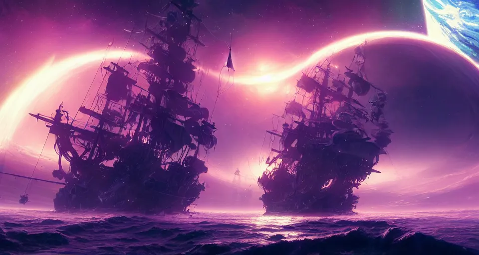 Image similar to pirate ship in space with a planet in the background, cosmic, nebula, intricate, highly detailed, oil painting, artstation, concept art, ethereal, unreal engine 5, 8 k, by stephan martiniere and liam wong and alphonse mucha