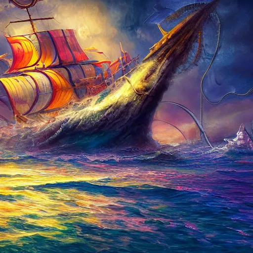 Image similar to mystical ship with kraken pulling it underwater, beautiful composition, wide angle, colorful, cinematic, volumetric lighting, intricate details painting