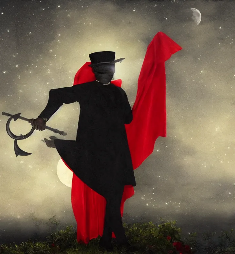 Image similar to a mysterious black man in a cemetery on a full moon night wearing a top hat that hides his face and a beautiful black and red cape while holding a poseidon trident, a realistic painting, moonlight, detailed.