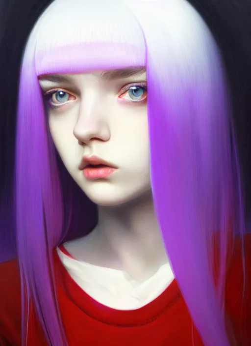 Image similar to hair whitebangs hair, black hair, whitebangs, portrait of teenage girl with white bangs, red irises, purple clothes, white bangs, bangs are different color from hair, intricate, elegant, glowing lights, highly detailed, digital painting, artstation, concept art, smooth, sharp focus, illustration, art by wlop, mars ravelo and greg rutkowski