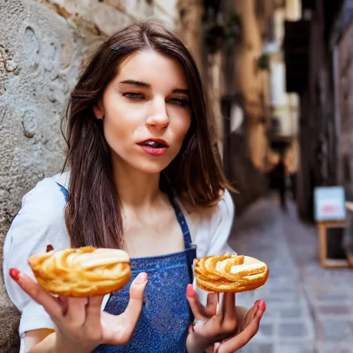 Prompt: a young woman eating a delicious french pastry in a quintessential french alley, highly detailed, sharp focus