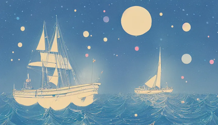 Prompt: a sailing ship in the sea with bubbles floating by inio asano, beeple and james jean, aya takano color style, 4 k, super detailed, night sky, digital art, digital painting, celestial, majestic, colorful