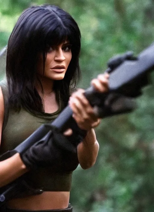 Prompt: film still of kylie Jenner as John Rambo in Rambo.